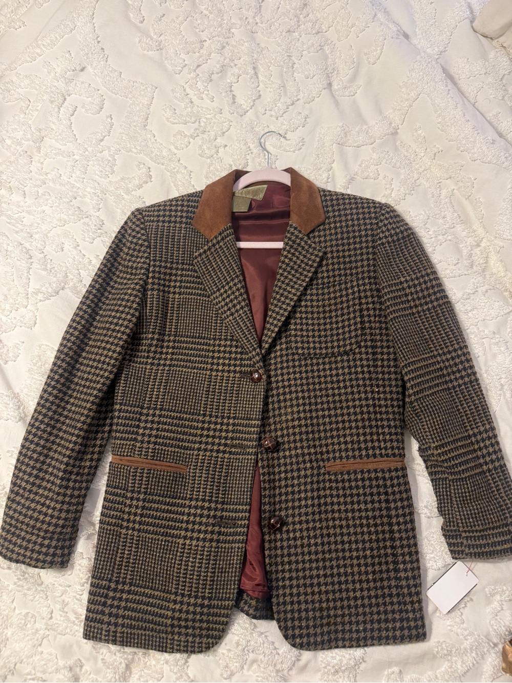 Houndstooth Plaid Blazer with Corduroy Collar - Brown
